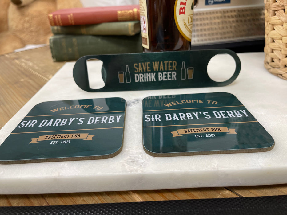 Mini Pub in a Box - Home Bar Set - Coasters, Bottle Opener & Snacks