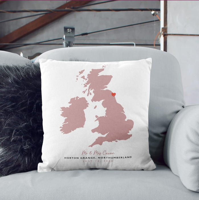 Cotton 2nd Anniversary Gift - Personalised Wedding Venue Location Map Cushion - For Him Or Her