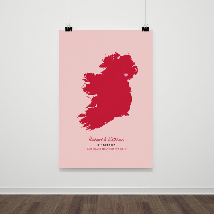 Ireland Map Print - Personalised Location Heart Print - Irish Wedding Gift - Anniversary Gift