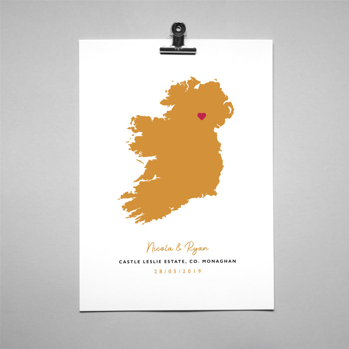 Ireland Map Print - Personalised Location Heart Print - Irish Wedding Gift - Anniversary Gift