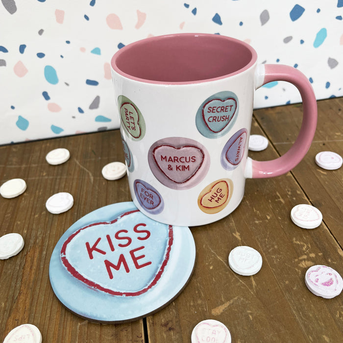 Personalised Love Hearts Mug and Coaster Set