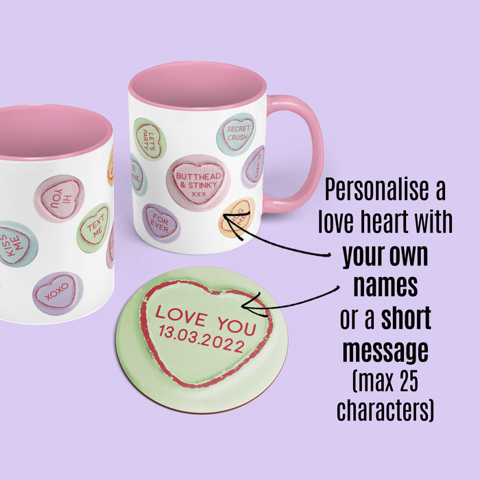 Personalised Love Hearts Mug and Coaster Set