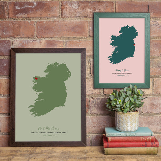 Ireland Map Print - Personalised Location Heart Print - Irish Wedding Gift - Anniversary Gift