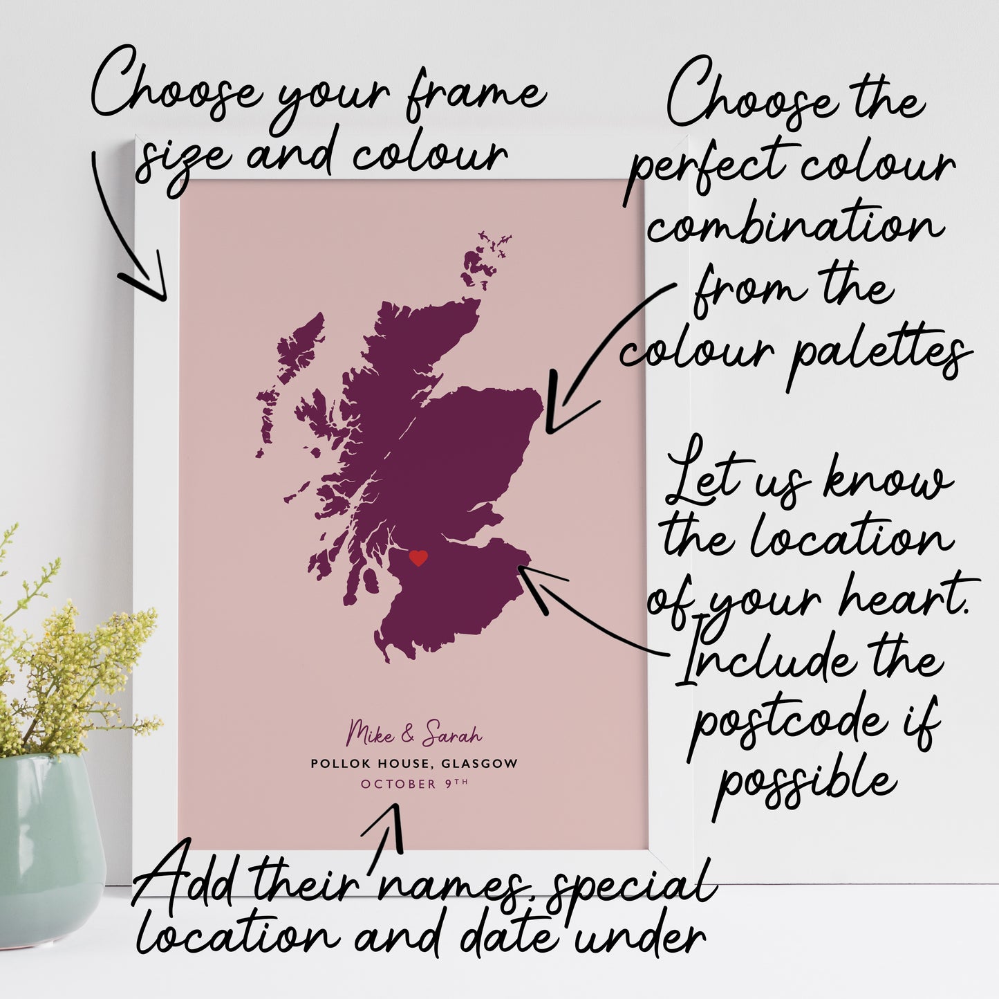 Scotland Map Print - Personalised Location Heart Print - Scottish Wedding Gift - Anniversary Gift