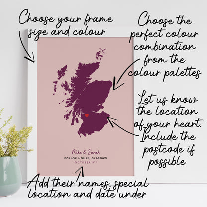 Scotland Map Print - Personalised Location Heart Print - Scottish Wedding Gift - Anniversary Gift