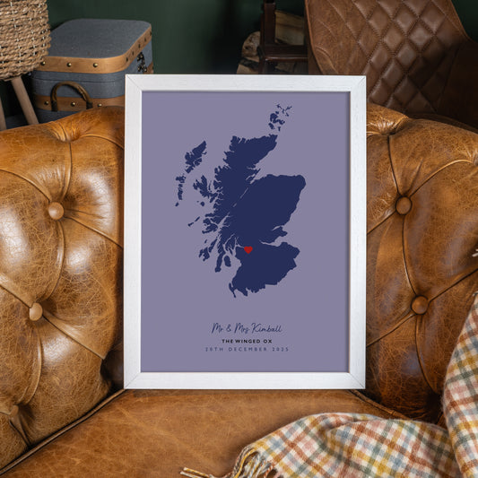 Scotland Map Print - Personalised Location Heart Print - Scottish Wedding Gift - Anniversary Gift
