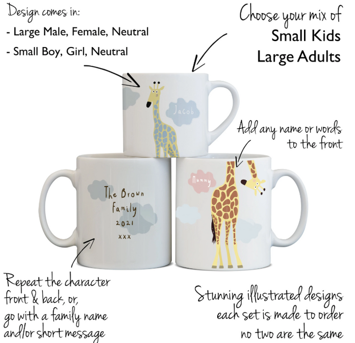 Giraffe Family Mug Set with Mini and Large Mugs Personalised