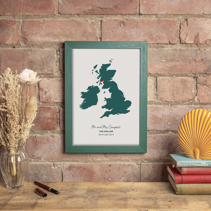 UK Map Print - Personalised Location Heart Print - Wedding Gift - Anniversary Gift