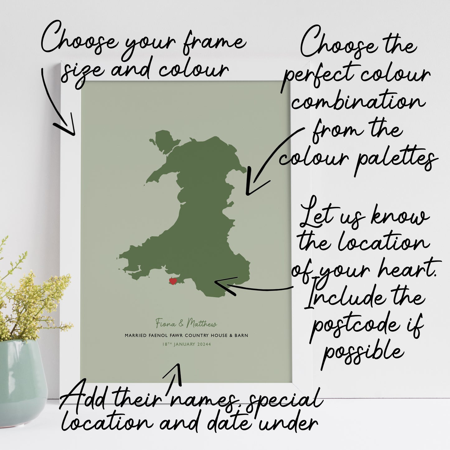 Wales Map Print - Personalised Location Heart Print - Welsh Wedding Gift - Anniversary Gift