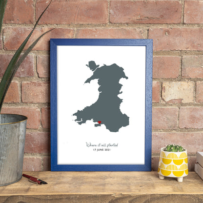 Wales Map Print - Personalised Location Heart Print - Welsh Wedding Gift - Anniversary Gift