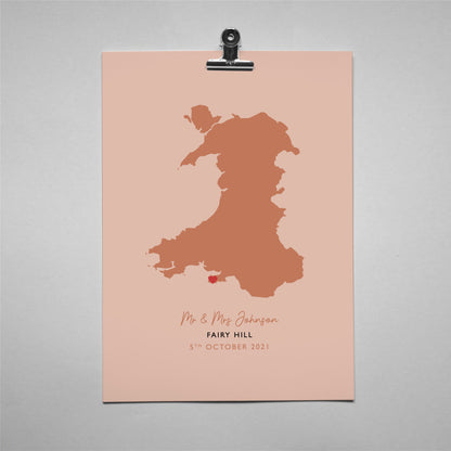 Wales Map Print - Personalised Location Heart Print - Welsh Wedding Gift - Anniversary Gift