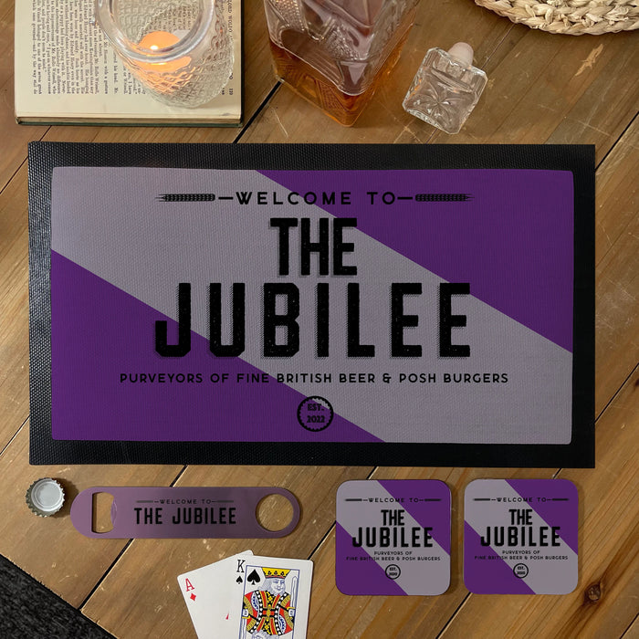 Personalised Home Bar Accessory Set - Bar Mat, Coasters, Bottle Opener & Pub Snacks