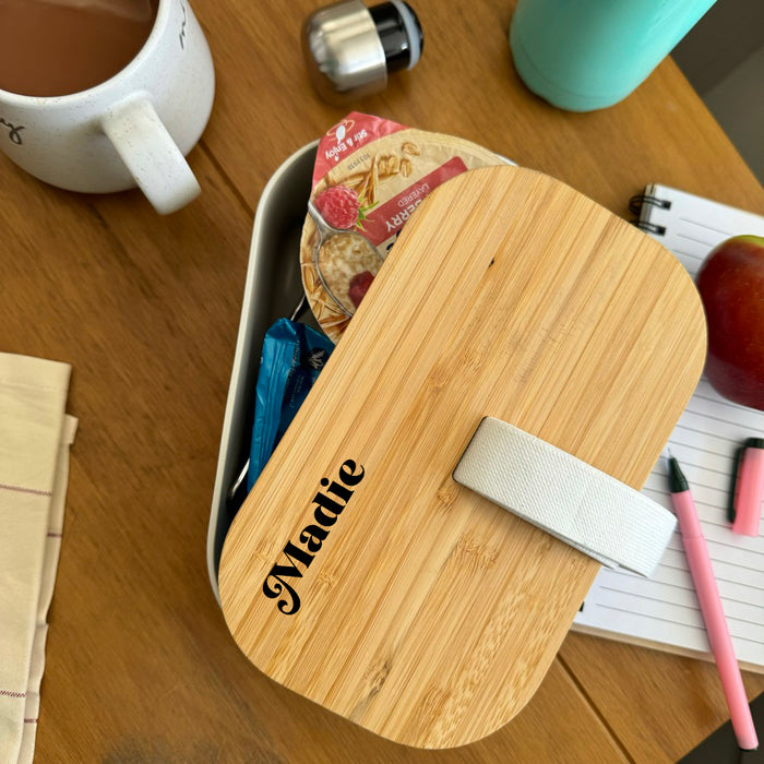 Eco-friendly bamboo lunch box for work, school, or picnics. Personalise with engraving. Great for take away meals.