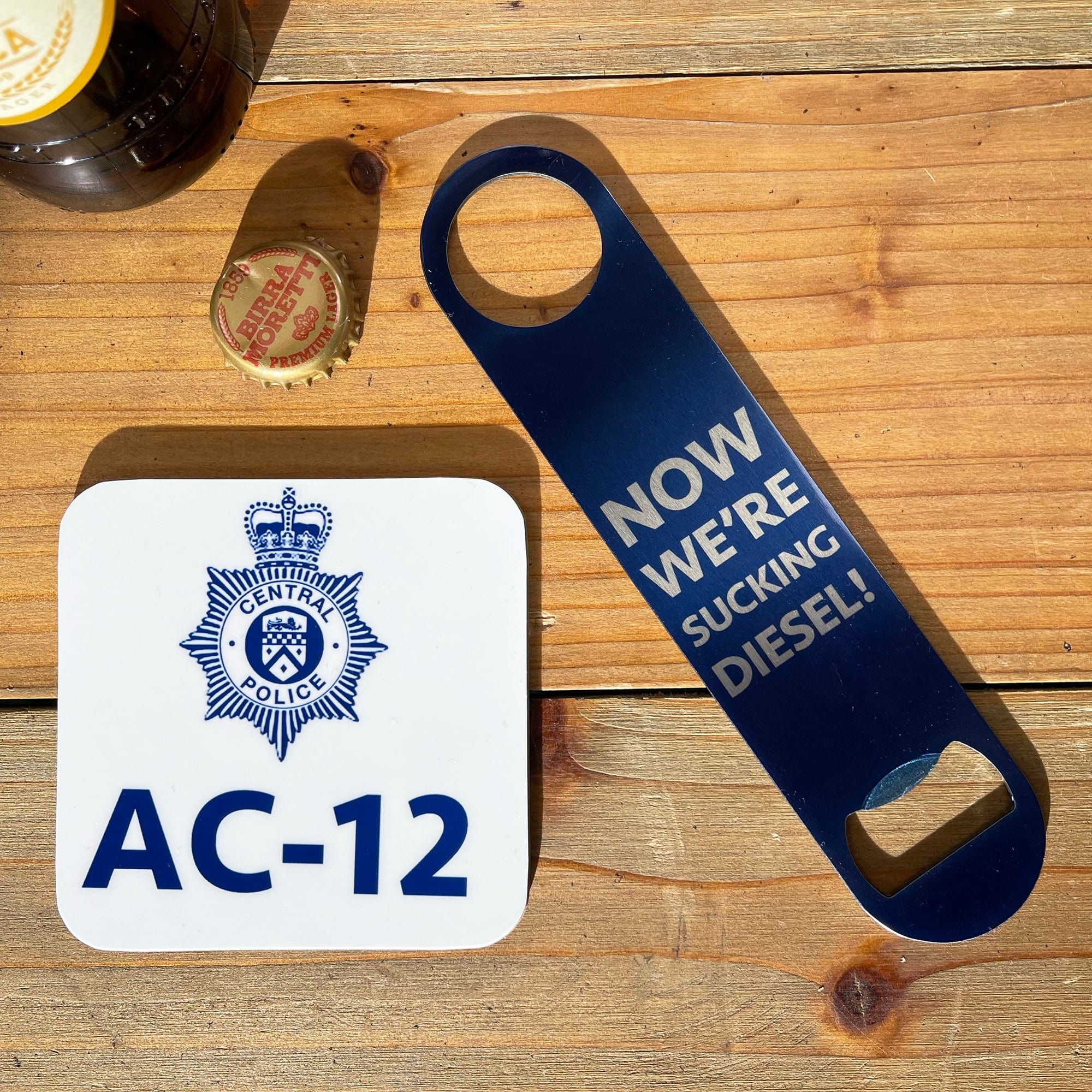 Personalised Line of Duty Bottle Opener AC12 Coaster Set Novelty Police Barblade Fan Gift