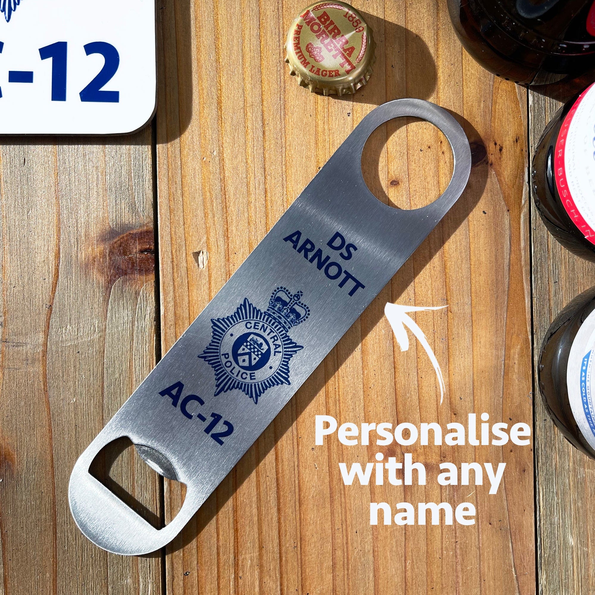 Personalised Line of Duty Bottle Opener AC12 Coaster Set Novelty Police Barblade Fan Gift