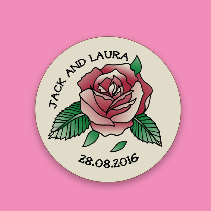 Wedding Favour Gift - Vintage Rose Tattoo Illustration Coaster Personalised - Anniversary Present