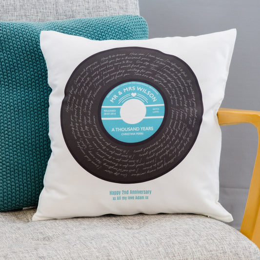 Any Song Lyrics 2nd Anniversary Gift - Vinyl Record With Personalised Label - Cotton Feel Cushion Print
