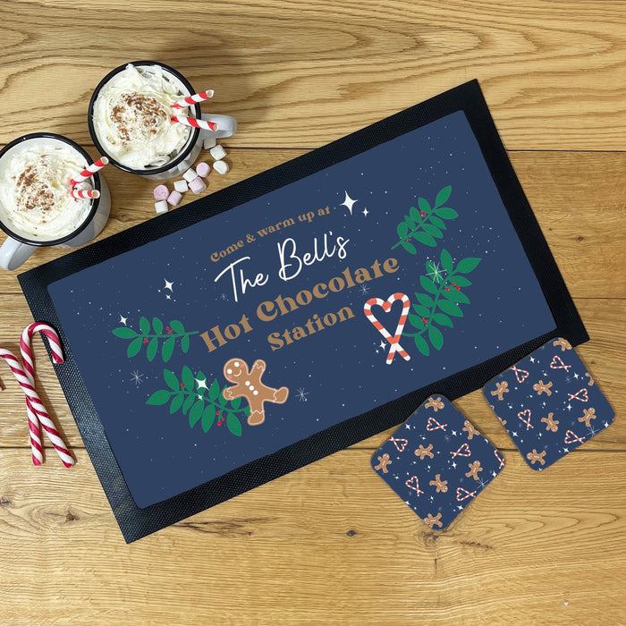 Personalised Hot Chocolate Station | Mug, Coaster & Drinks Mat Set | Festive Family Gingerbread Themed Hot Chocolate Kit