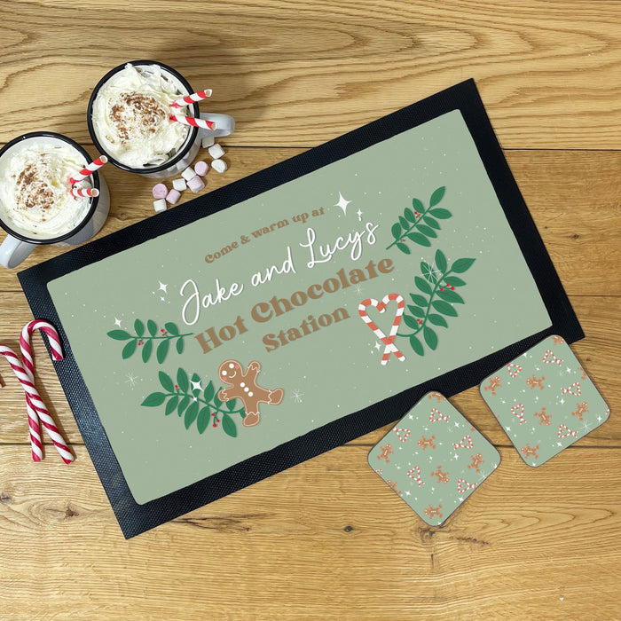 Personalised Hot Chocolate Station | Mug, Coaster & Drinks Mat Set | Festive Family Gingerbread Themed Hot Chocolate Kit