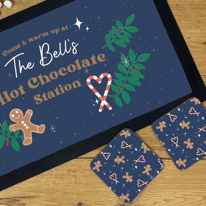 Personalised Hot Chocolate Station | Mug, Coaster & Drinks Mat Set | Festive Family Gingerbread Themed Hot Chocolate Kit