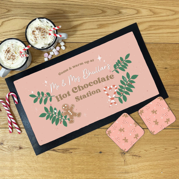 Personalised Hot Chocolate Station | Mug, Coaster & Drinks Mat Set | Festive Family Gingerbread Themed Hot Chocolate Kit