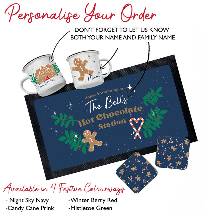 Personalised Hot Chocolate Station | Mug, Coaster & Drinks Mat Set | Festive Family Gingerbread Themed Hot Chocolate Kit