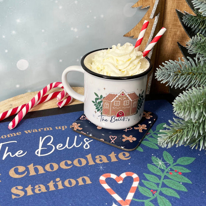 Personalised Hot Chocolate Station | Mug, Coaster & Drinks Mat Set | Festive Family Gingerbread Themed Hot Chocolate Kit