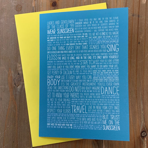 Baz Luhrmann Wear Sunscreen song on a greetings card