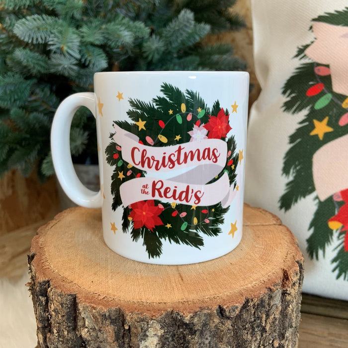 Personalised Family Christmas Wreath Mug and Coaster Gift Set