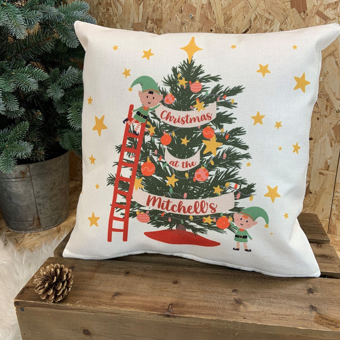 Personalised Family Christmas Tree Xmas Elf Cushion