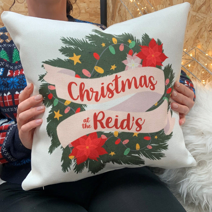 Personalised Family Christmas Wreath Cushion