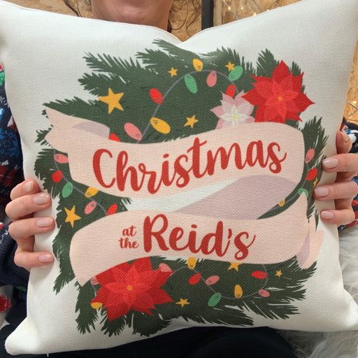 Retro Christmas Print of a wreath on a cushion
