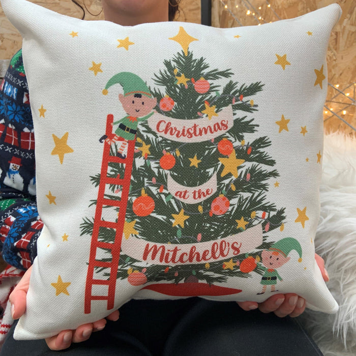 Personalised Family Christmas Tree Xmas Elf Cushion