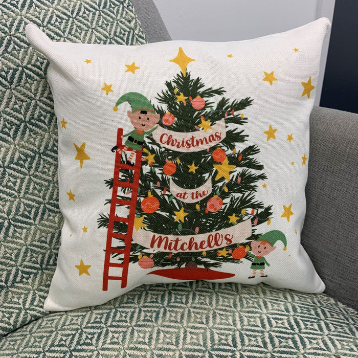 Personalised Family Christmas Tree Xmas Elf Cushion