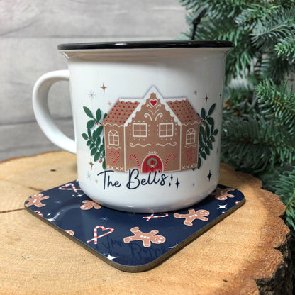 Personalised Hot Chocolate Station | Mug, Coaster & Drinks Mat Set | Festive Family Gingerbread Themed Hot Chocolate Kit