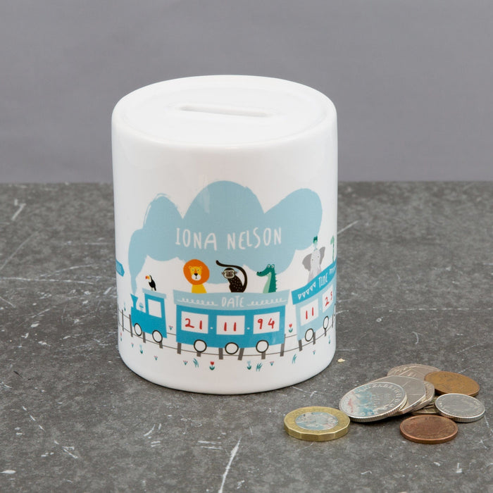 Personalised New Baby Gift - Adventure Animals On Train Money Box - Baby Gift