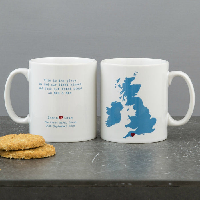 Wedding Gift - Personalised Heart Venue Location Map Mug With Poem - Mr & Mrs, Mr & Mr, Mrs & Mrs