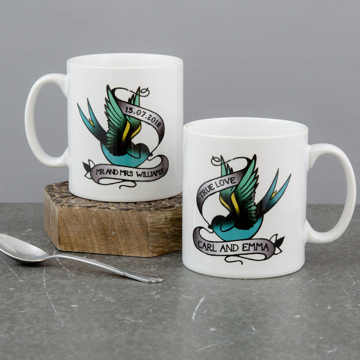 Romantic Tattoo Inspired Print - Personalised Swallow Tattoo Mug Set - Wedding Or Anniversary Gift