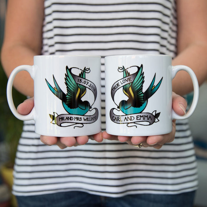 Romantic Tattoo Inspired Print - Personalised Swallow Tattoo Mug Set - Wedding Or Anniversary Gift