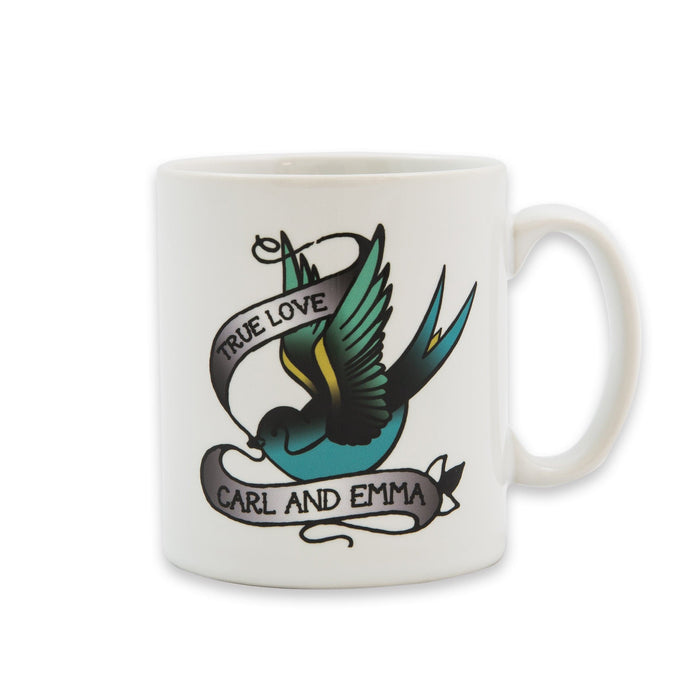 Romantic Tattoo Inspired Print - Personalised Swallow Tattoo Mug Set - Wedding Or Anniversary Gift