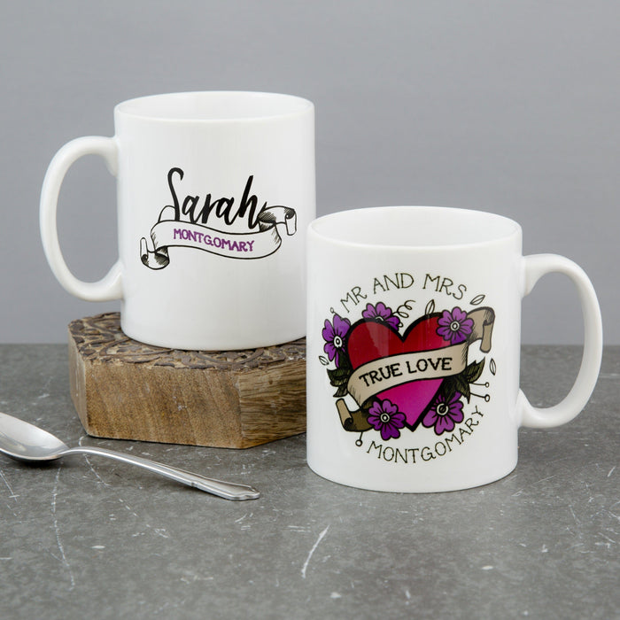 Mug Set For Couple - Sugar Skull Daisies And Illustrated Heart Tattoo Personalised - Wedding Gift