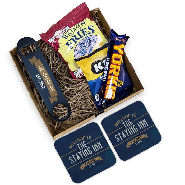 Mini Pub in a Box - Home Bar Set - Coasters, Bottle Opener & Snacks