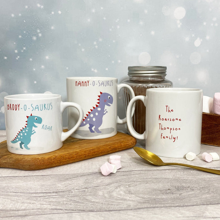 Dinosaur themed Babyccino and Hot Chocolate Personalised Family Mug Set