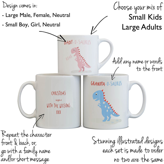 Dinosaur themed Babyccino and Hot Chocolate Personalised Family Mug Set