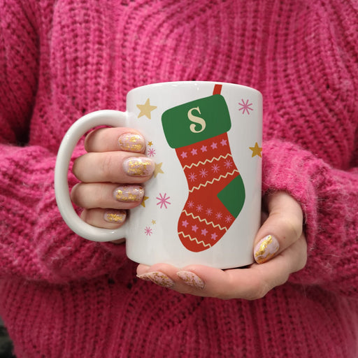 Personalised Christmas stocking in bright colours on mug