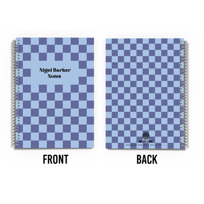 Personalised Blue Checkerboard Print A5 Spiral Bound Notebook