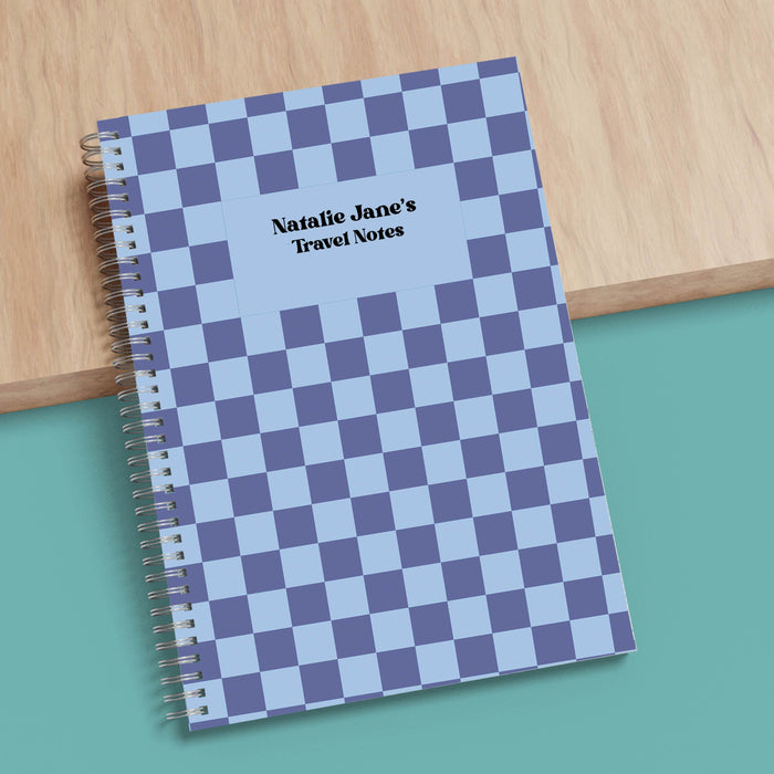 Personalised Blue Checkerboard Print A5 Spiral Bound Notebook