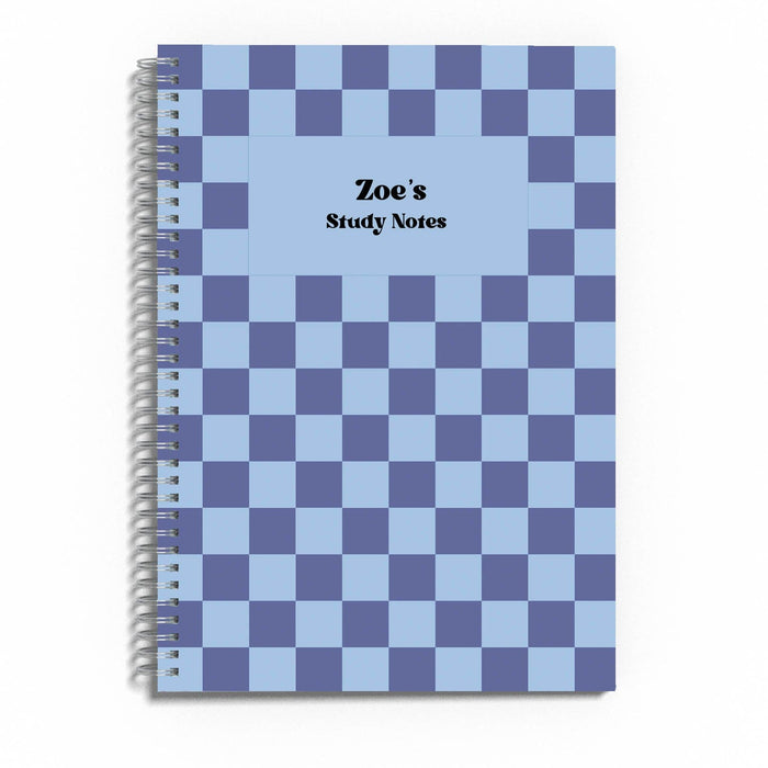 Personalised Blue Checkerboard Print A5 Spiral Bound Notebook