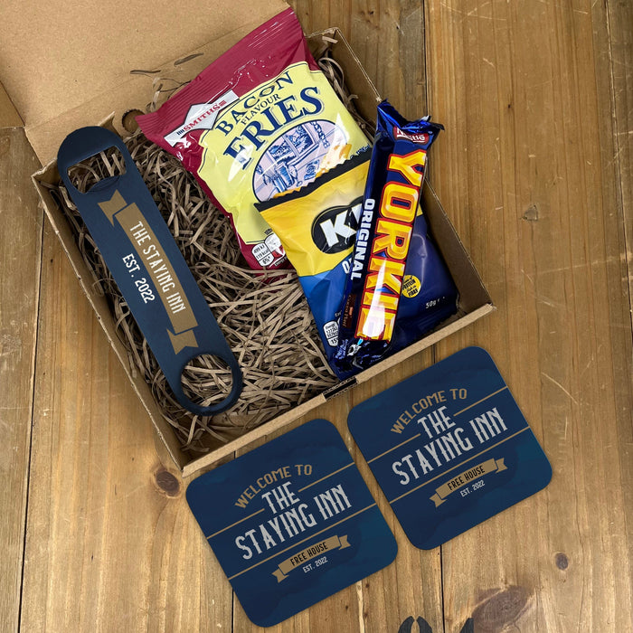 Mini Pub in a Box - Home Bar Set - Coasters, Bottle Opener & Snacks