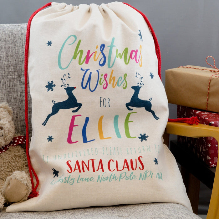 Customised Christmas Sack - Reindeer Themed With Mexicana Twist - Colourful Christmas Bag With Any Name